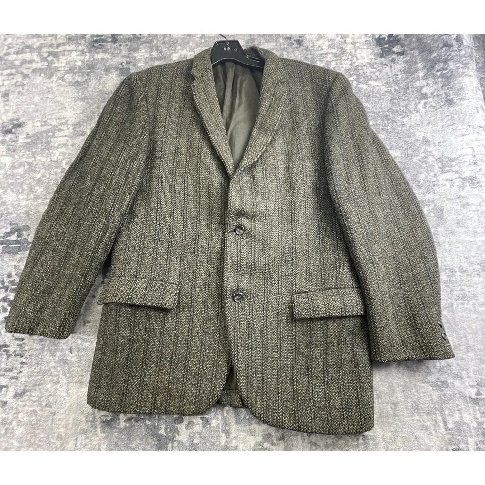Harris Tweed Mens 44 Sport Coat Vtg Olive Green Herringbone Wool Blazer